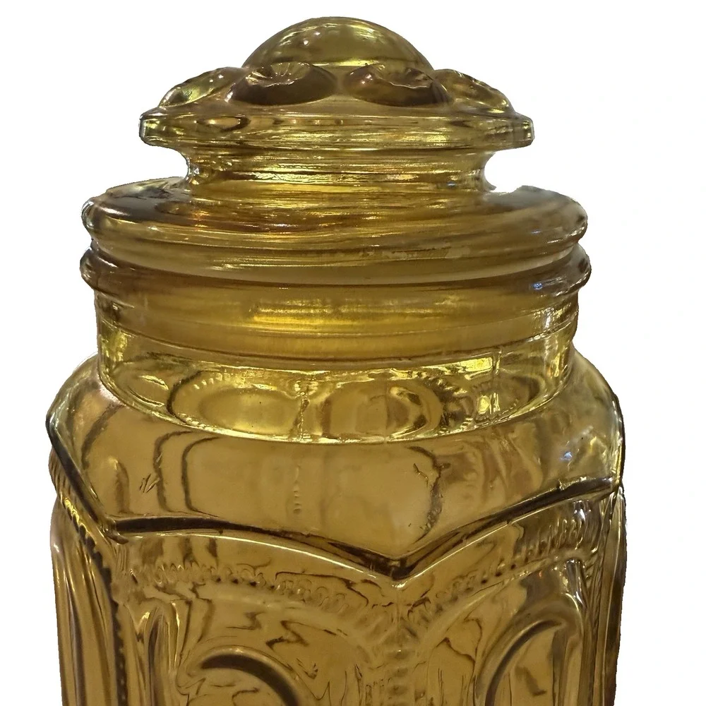 Vintage Golden Amber Glass Canister Cookie Jar Gothic Arch Apothecary 11